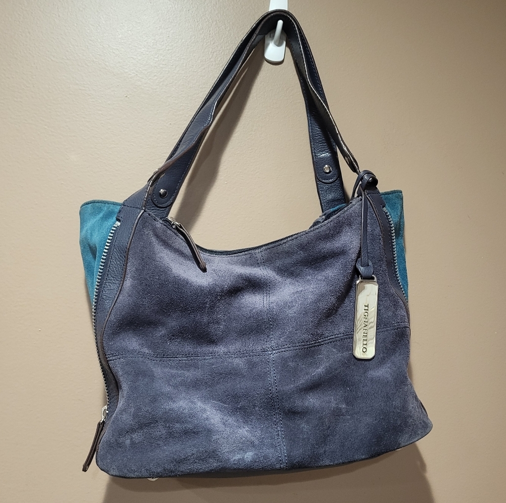Tignanello Womens Two Tone Blue And Teal Suede Expandable Shoulder Bag